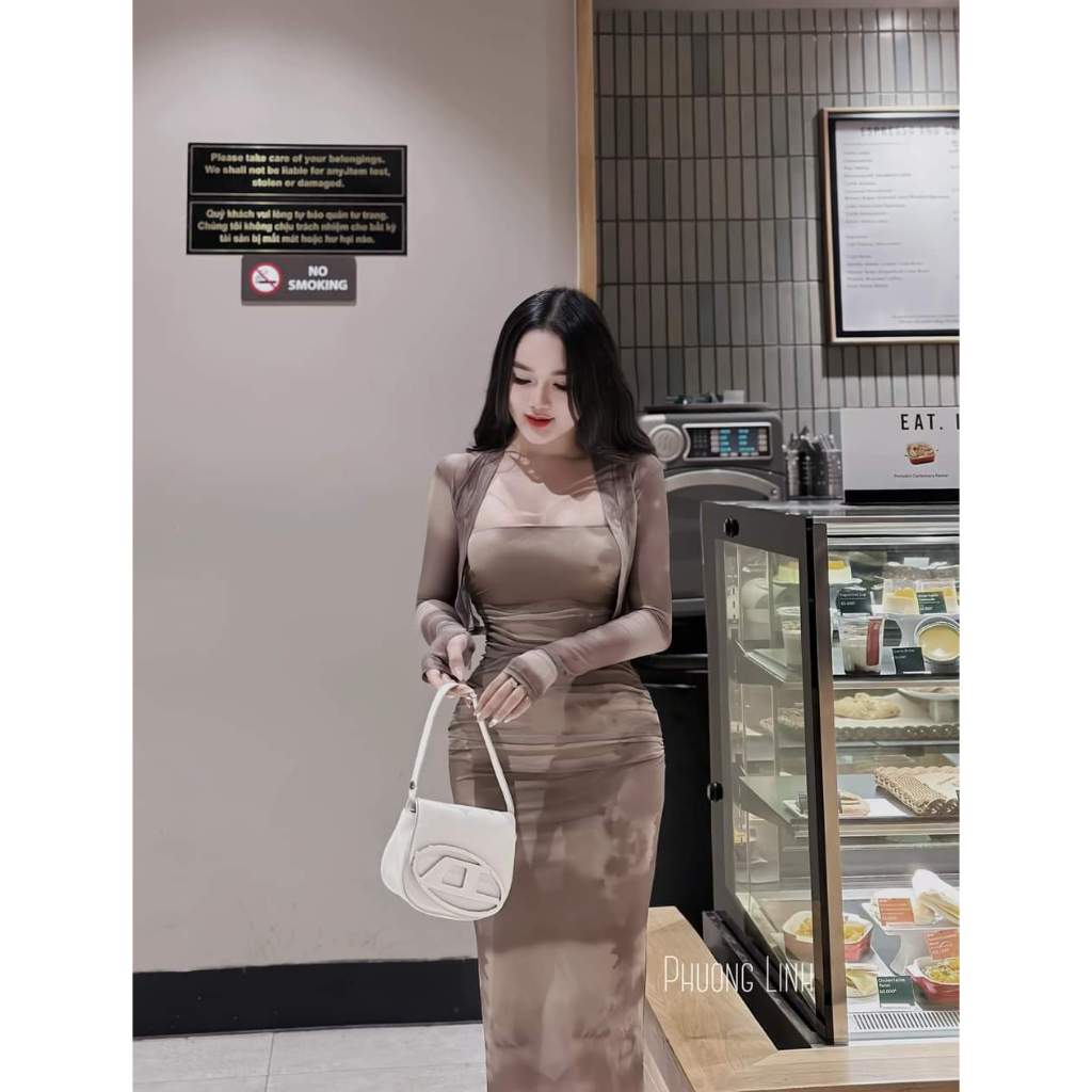 Đầm body loang midi kèm khoác croptop tay dài
