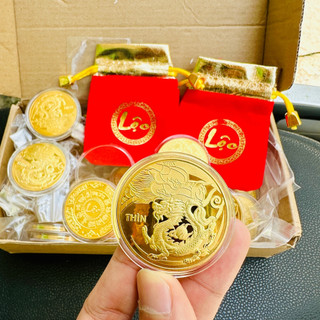 Đồng Tiền Xu Hình Rồng Vàng Kèm Túi gấm đỏ LỘC, Lì Xì Tết Giáp Thìn 2024