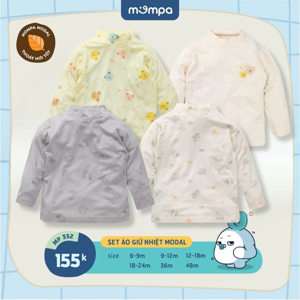 Áo giữ nhiệt cho bé Mompa set 2 chiếc từ 6 tháng đến 4 tuổi vải Modal co giãn thấm hút MP 352