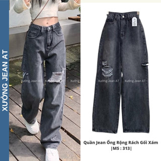 Quần Jean Nữ Ống Rộng Rách Gối Xám Lưng Cao Chất Bò Phong Cách Thời Trang Hàn Quốc Cá Tính 573 574 00 316 314 313