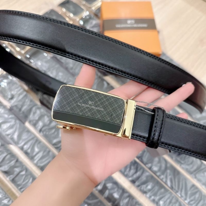 Thắt lưng dây nịt da nam Valentino Creations Malaysia mặt kéo trượt đẩy viền vàng Slide buckle black belt