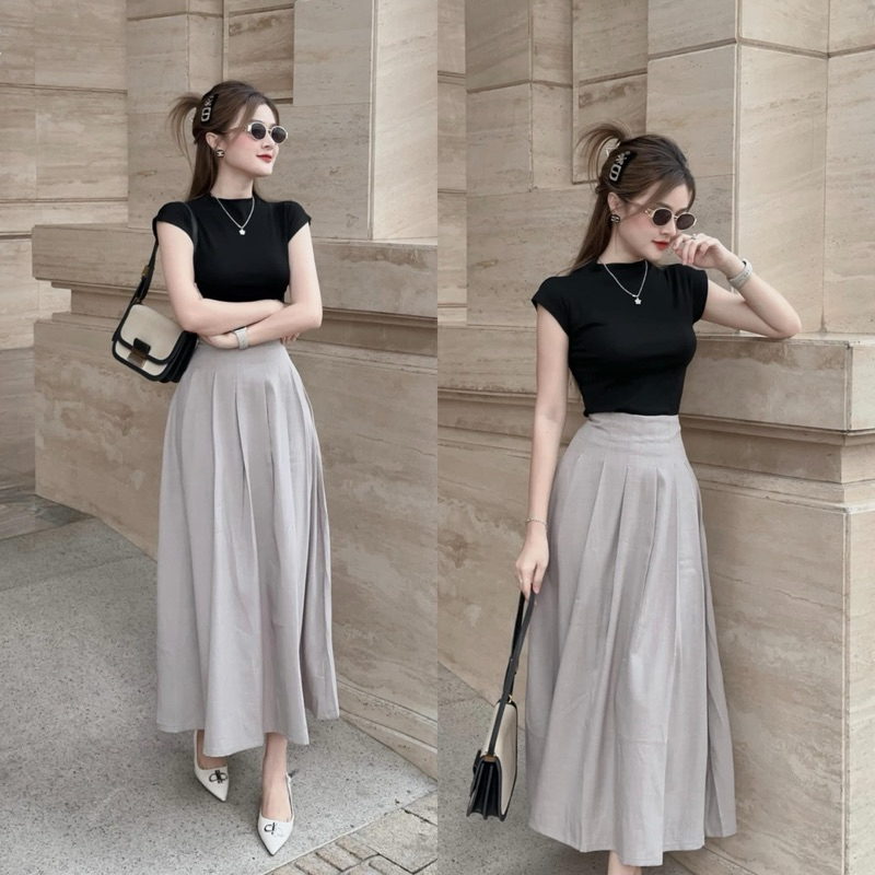 SET ÁO THUN ĐEN CỔ LỌ NHÚN THÂN + CHÂN VÁY MIDI XÁM XẾP LY XOÈ CHỮ A