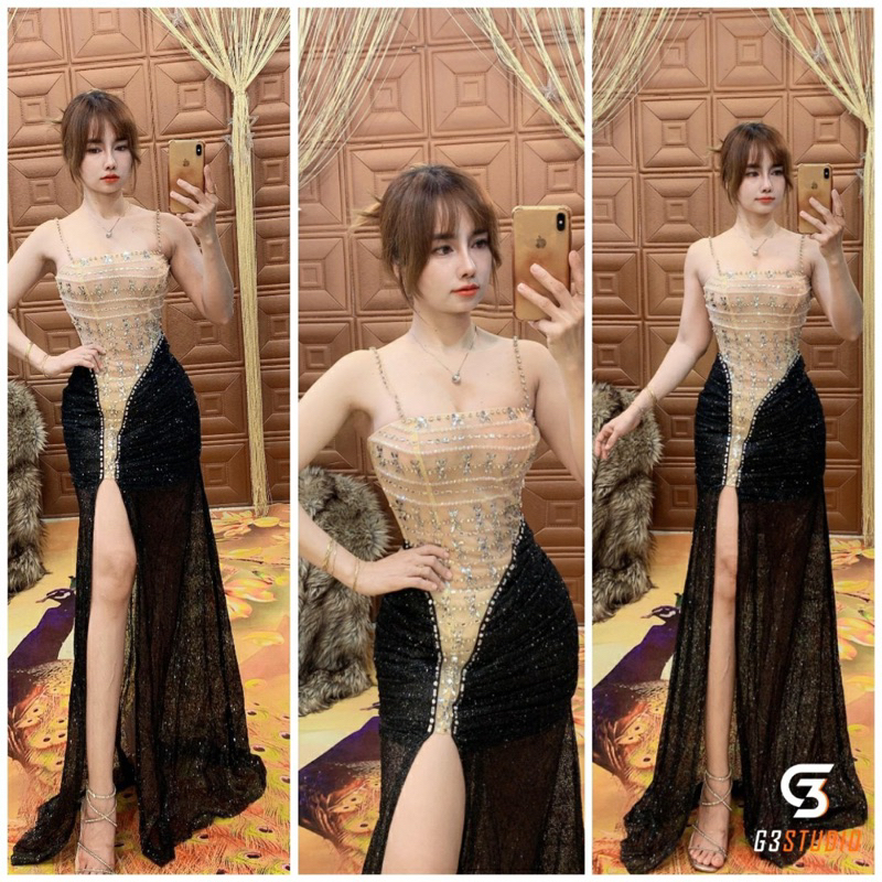 Đầm da hội kim sa đá đính đá cao cấp kem hình thật