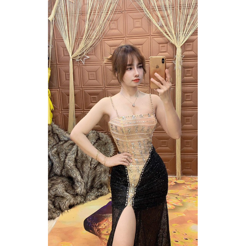 Đầm da hội kim sa đá đính đá cao cấp kem hình thật