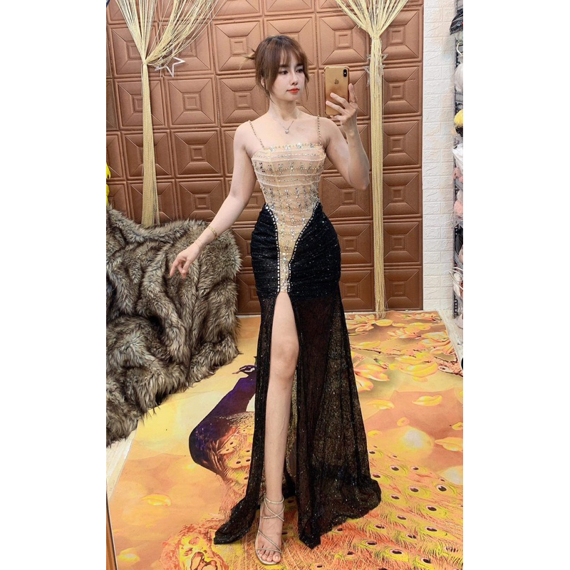 Đầm da hội kim sa đá đính đá cao cấp kem hình thật