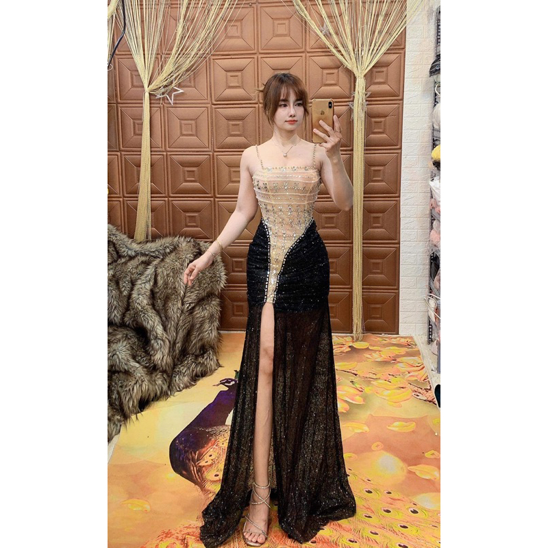 Đầm da hội kim sa đá đính đá cao cấp kem hình thật