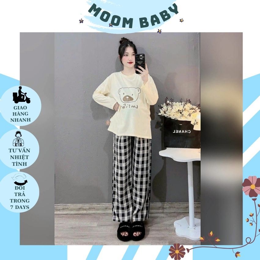 BỘ BẦU IN HÌNH GẤU DỄ THƯƠNG V292 ÁO COTTON KẾT HỢP VỚI QUẦN KẺ XINH XẮN TRẺ TRUNG CHO MẸ BẦU