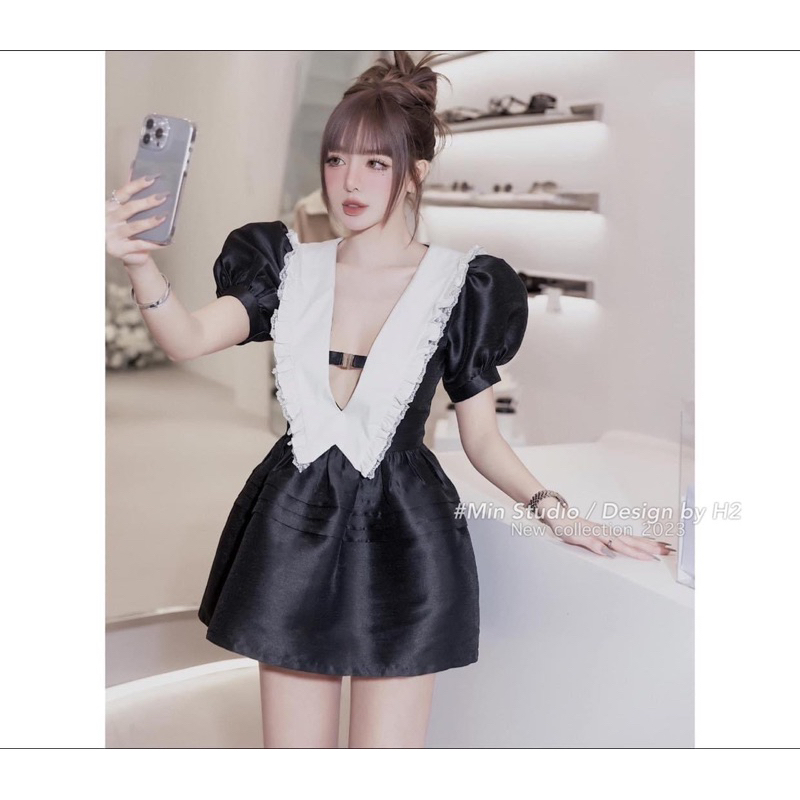 Đầm Dự Tiệc Cổ V Khoét Sâu Đính Nơ Eo Phối Màu Siêu Đẹp Hoài Anh Bùi Store, Váy Tafta Dáng Ngắn Sát Nách Tiểu Thư