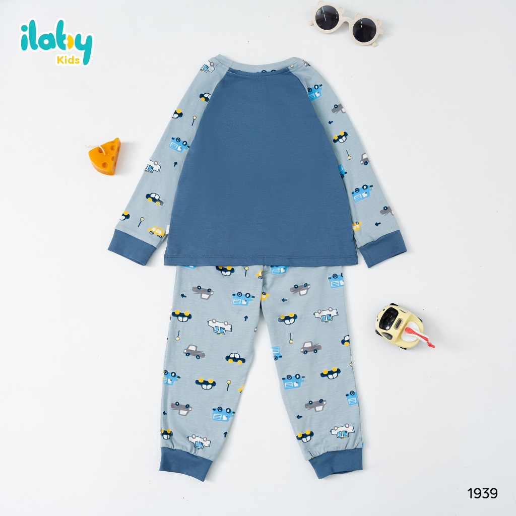 Bộ nỉ bé trai dài tay ILABY phối màu in hình ô tô chất liệu dày dặn cho bé 10-35kg