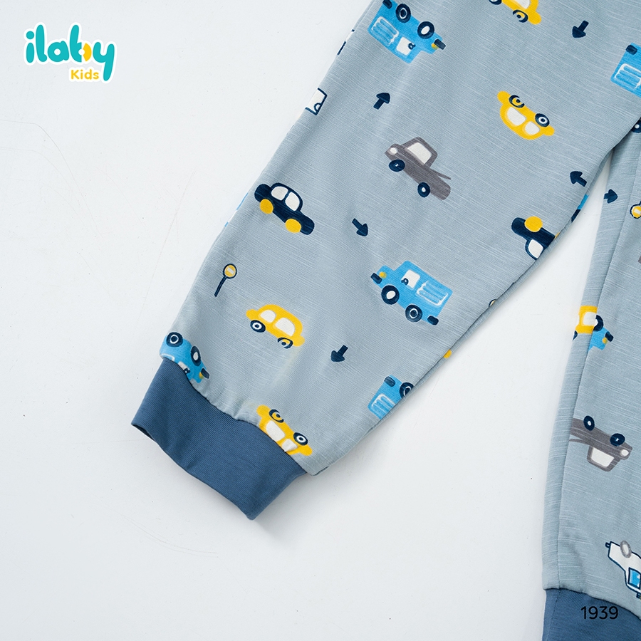 Bộ nỉ bé trai dài tay ILABY phối màu in hình ô tô chất liệu dày dặn cho bé 10-35kg