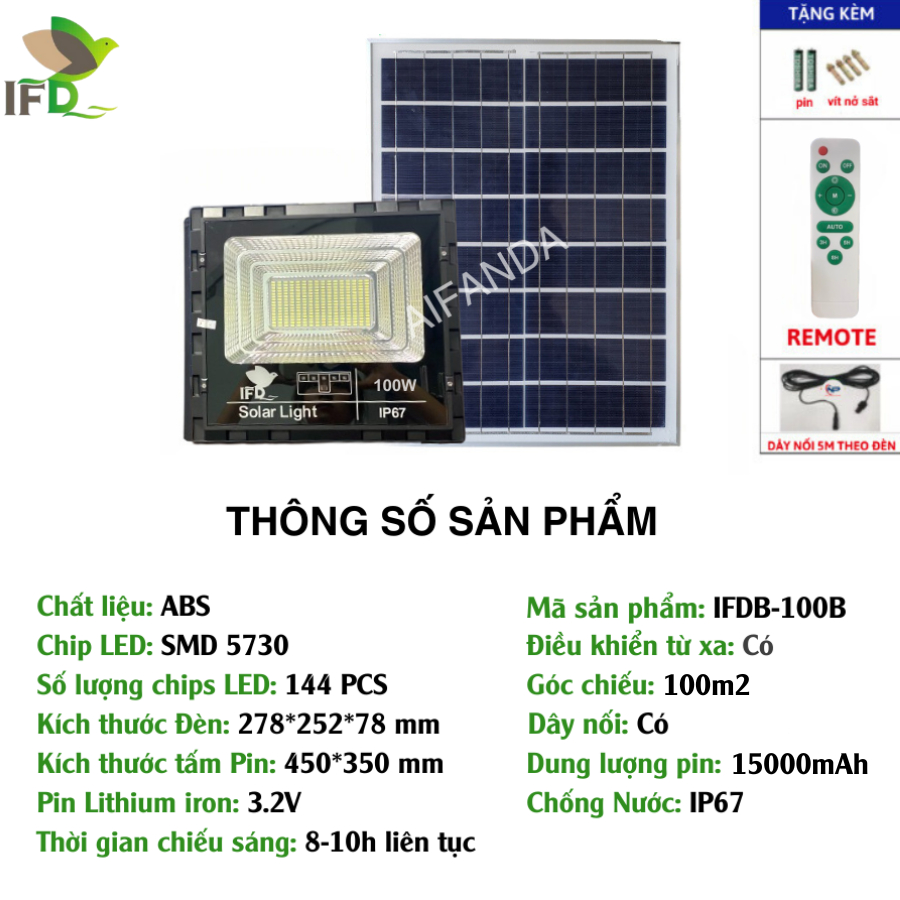 Đèn Pha Năng Lượng Mặt Trời 100W AIFANDA 1 Khoang- Vỏ nhựa | CHÍNH HÃNG BẢO HÀNH 2 NĂM
