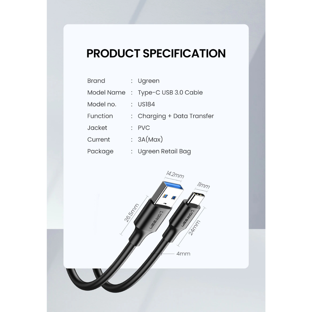Cáp USB Type C to USB 3.0 Ugreen 20881 20882 20883 20884 US184 dài 0,5m 1m 1,5m 2m