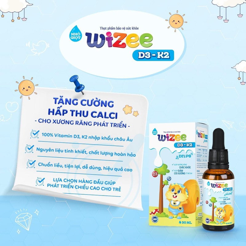 Nhỏ giọt Wizze D3K2 lọ 30ml tăng cường hấp thu calci,phát triển chiều cao cho trẻ