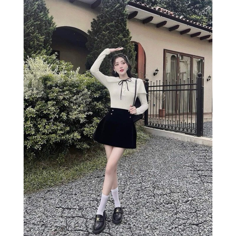 Set áo len tăm bạt vai kèm chân váy nhung chữ A-hàng chuẩn ảnh