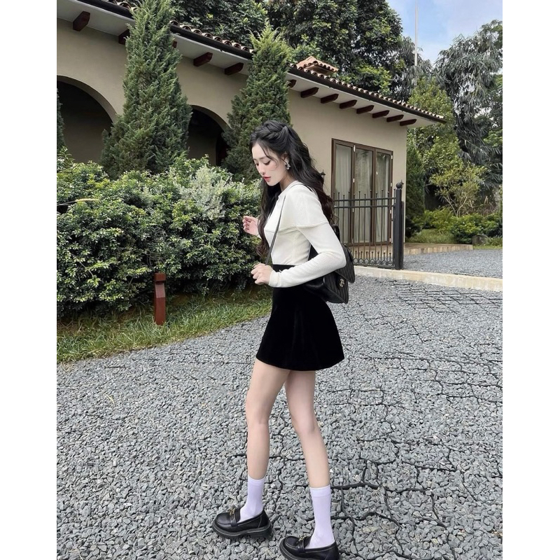 Set áo len tăm bạt vai kèm chân váy nhung chữ A-hàng chuẩn ảnh