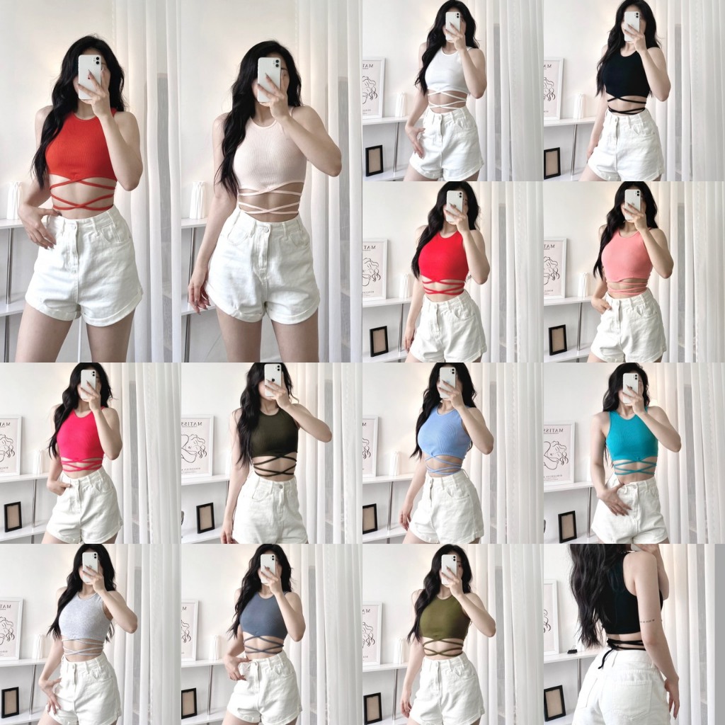 Áo Croptop ba Lỗ Dây Cột Eo Thun Gân Giá Rẻ Phong Cách Năng Động