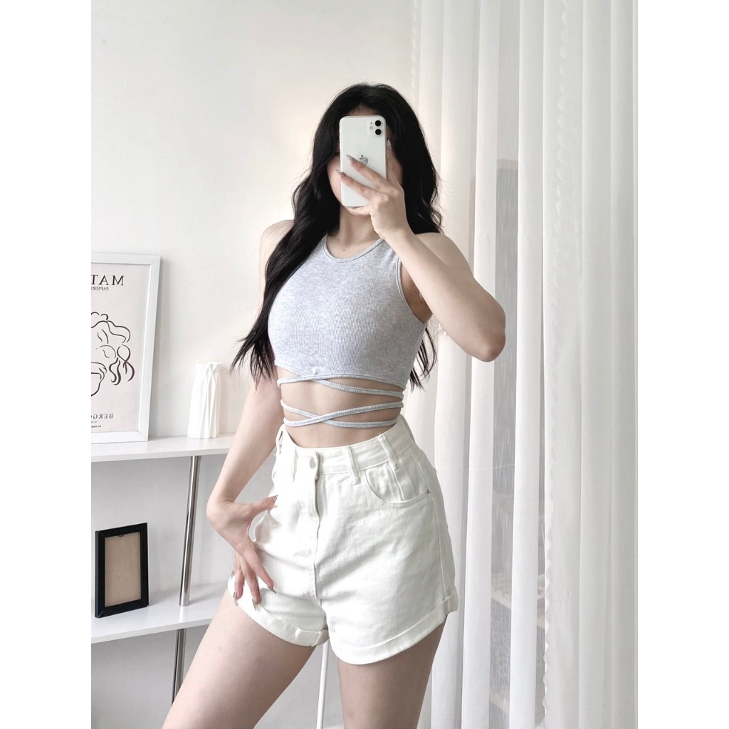Áo Croptop ba Lỗ Dây Cột Eo Thun Gân Giá Rẻ Phong Cách Năng Động