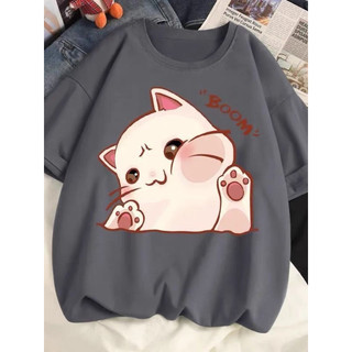 Áo thun cotton 100% form rộng unisex tay ngắn cổ tròn hình in mèo béo ú 00290