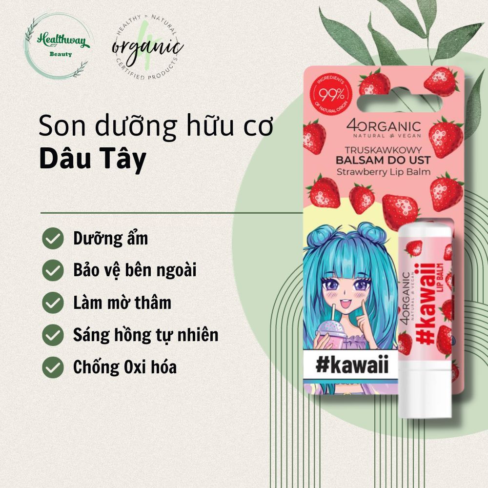 Son Dưỡng Môi Hữu Cơ 4ORGANIC Vị Dâu Tây Dưỡng Ẩm Da Môi Tăng Cường Dưỡng Chất Giúp Môi Luôn Căng Mọng 5g