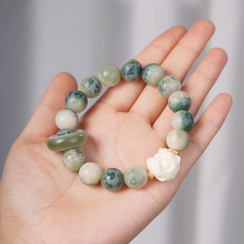 Vòng tay Lục tự đại minh sen xanh 17 hạt tặng kèm charm và hộp gấm hoa