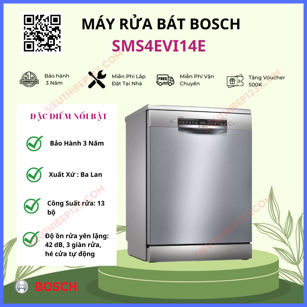 Máy rửa bát Bosch SMS4EVI14E có tự động mở cửa, nhập khẩu ba Lan