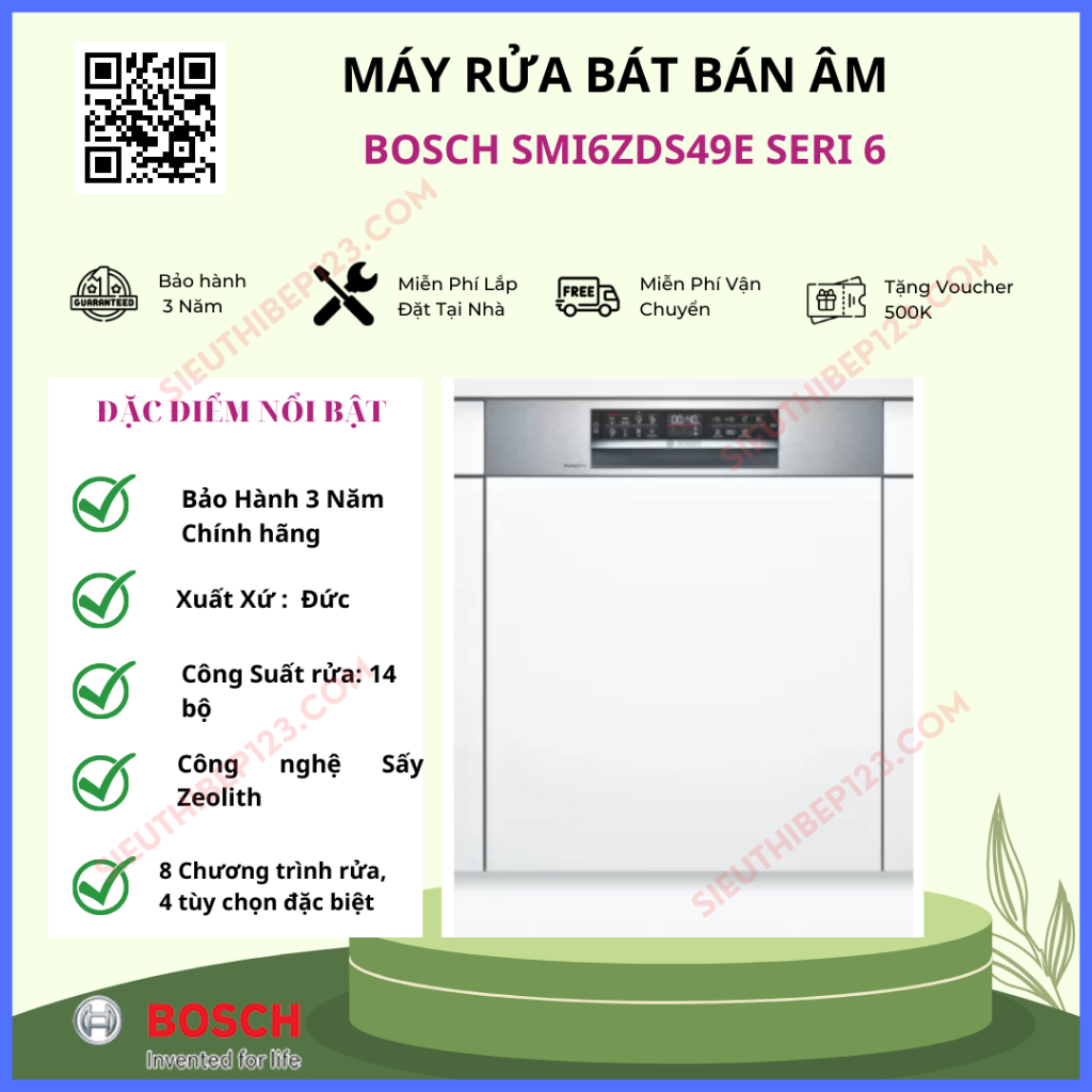 Máy Rửa Chén Bán Âm 13 Bộ Bosch SMI6ZDS49E Series 6, Home Connect, Sấy Zeolith, bảo Hành 3 năm chính hãng