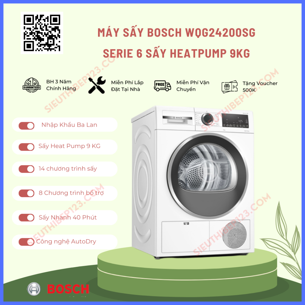 Máy Sấy Bosch WQG24200SG 9kg Series 6- Nhập khẩu EU - Bảo Hành 36 Tháng