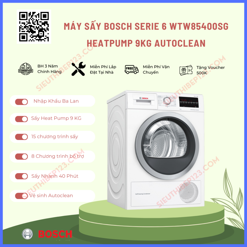 Máy Sấy Bosch WTW85400SG 9kg Series 6 AutoClean - Nhập khẩu Châu Âu - Bảo Hành 36 Tháng