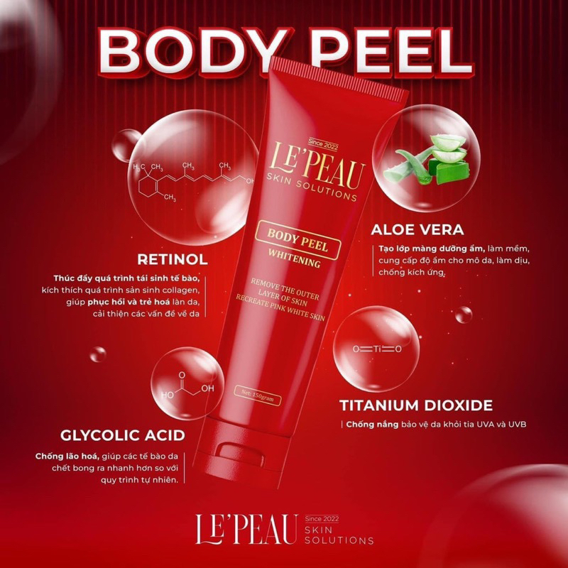 Peel nách retinol, peel body trắng da mờ thâm sau 7 ngày, kem dưỡng ẩm 150ml - LEPEAU