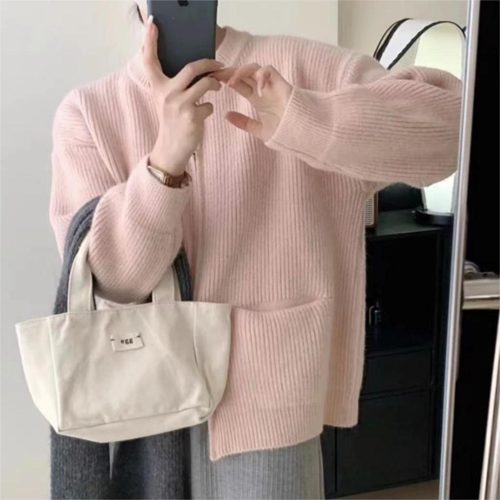 Áo Khoác Len Tay Dài Cổ Tròn Dáng Dài Trơn Basic Phối Khóa Xẻ 2 Kiểu Mẫu Hot Hàng Qc