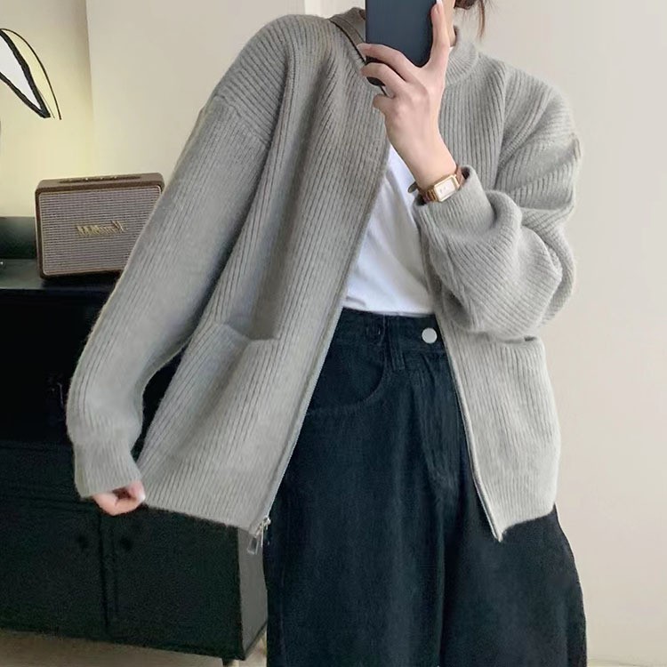 Áo Khoác Len Tay Dài Cổ Tròn Dáng Dài Trơn Basic Phối Khóa Xẻ 2 Kiểu Mẫu Hot Hàng Qc