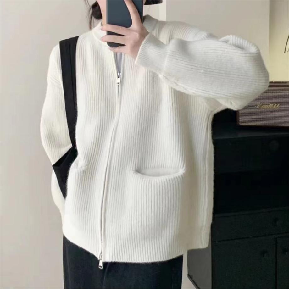 Áo Khoác Len Tay Dài Cổ Tròn Dáng Dài Trơn Basic Phối Khóa Xẻ 2 Kiểu Mẫu Hot Hàng Qc