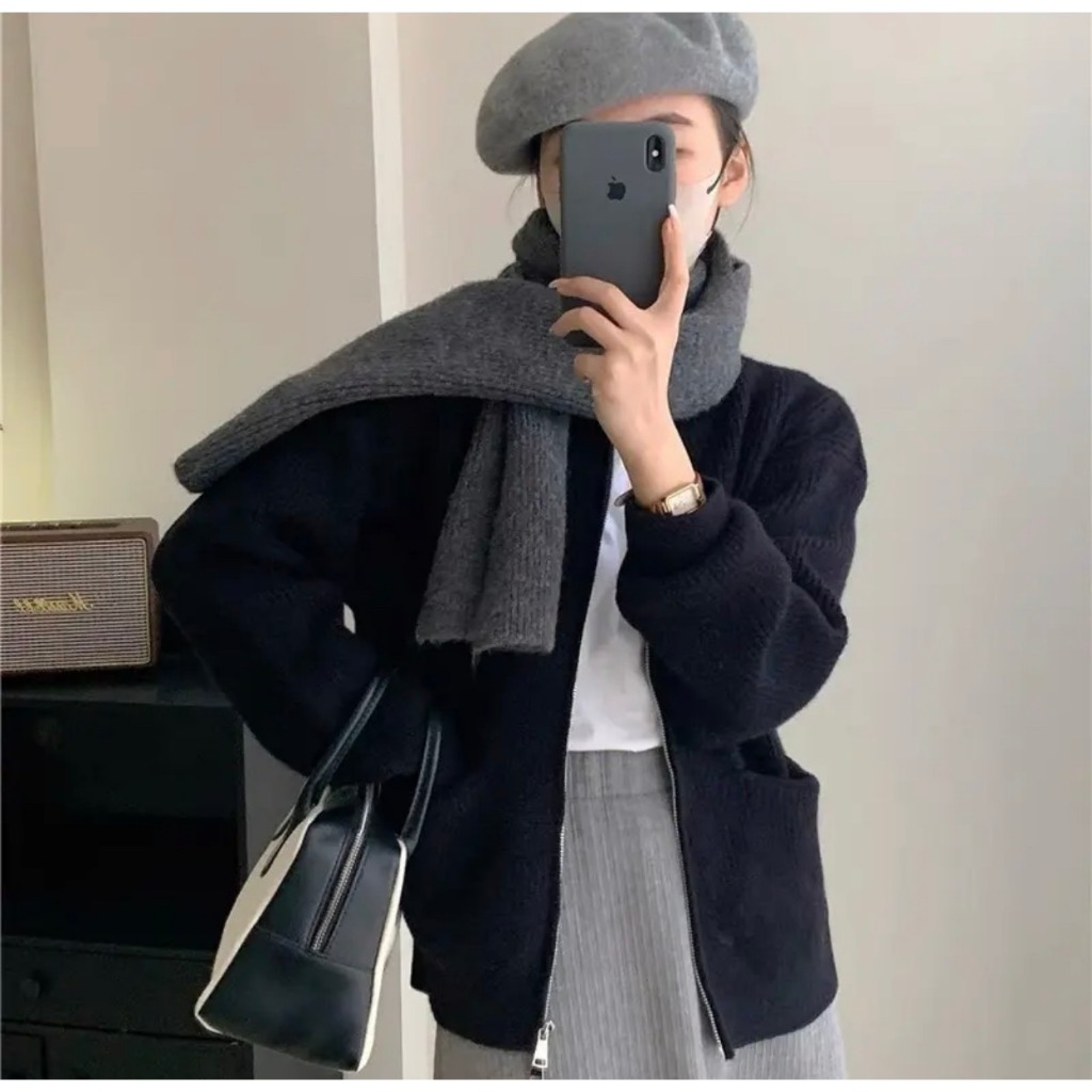 Áo Khoác Len Tay Dài Cổ Tròn Dáng Dài Trơn Basic Phối Khóa Xẻ 2 Kiểu Mẫu Hot Hàng Qc