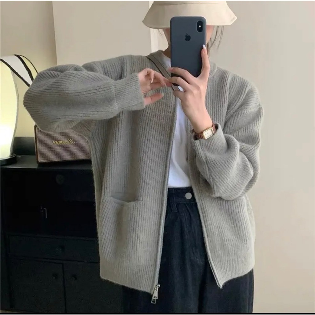 Áo Khoác Len Tay Dài Cổ Tròn Dáng Dài Trơn Basic Phối Khóa Xẻ 2 Kiểu Mẫu Hot Hàng Qc