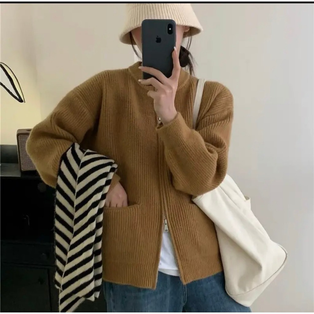 Áo Khoác Len Tay Dài Cổ Tròn Dáng Dài Trơn Basic Phối Khóa Xẻ 2 Kiểu Mẫu Hot Hàng Qc