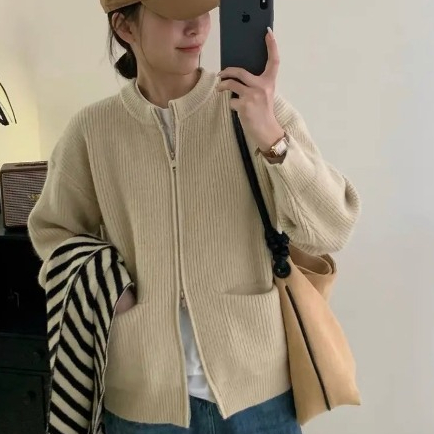 Áo Khoác Len Tay Dài Cổ Tròn Dáng Dài Trơn Basic Phối Khóa Xẻ 2 Kiểu Mẫu Hot Hàng Qc