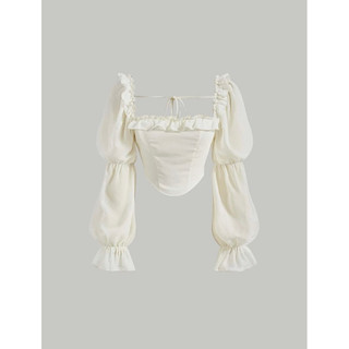 Áo cổ vuông Viền Ruffle tay lá sen