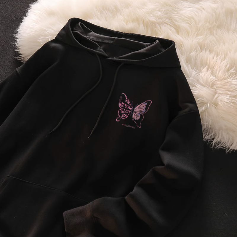 Áo Hoodie Đen nữ có mũ Cotton bigsize thời trang local brand CLOT Áo nỉ Vintage in pink butterfly Y0488