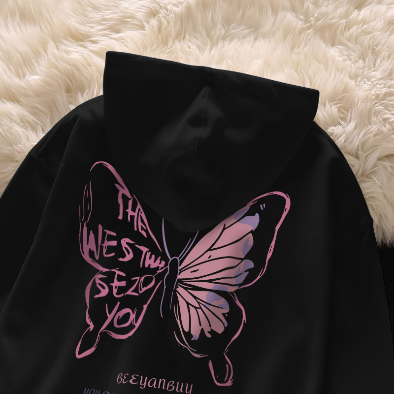 Áo Hoodie Đen nữ có mũ Cotton bigsize thời trang local brand CLOT Áo nỉ Vintage in pink butterfly Y0488