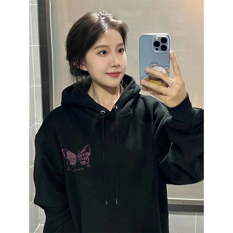 Áo Hoodie Đen nữ có mũ Cotton bigsize thời trang local brand CLOT Áo nỉ Vintage in pink butterfly Y0488