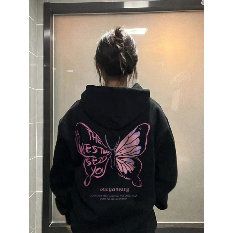 Áo Hoodie Đen nữ có mũ Cotton bigsize thời trang local brand CLOT Áo nỉ Vintage in pink butterfly Y0488