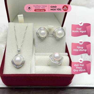 Bộ Trang Sức Bạc 10ly Tinh Tế, Sang Trọng 3 Món Gồm Dây Chuyền, Nhẫn, Bông Tai  - Ngọc Trai Trường Thịnh