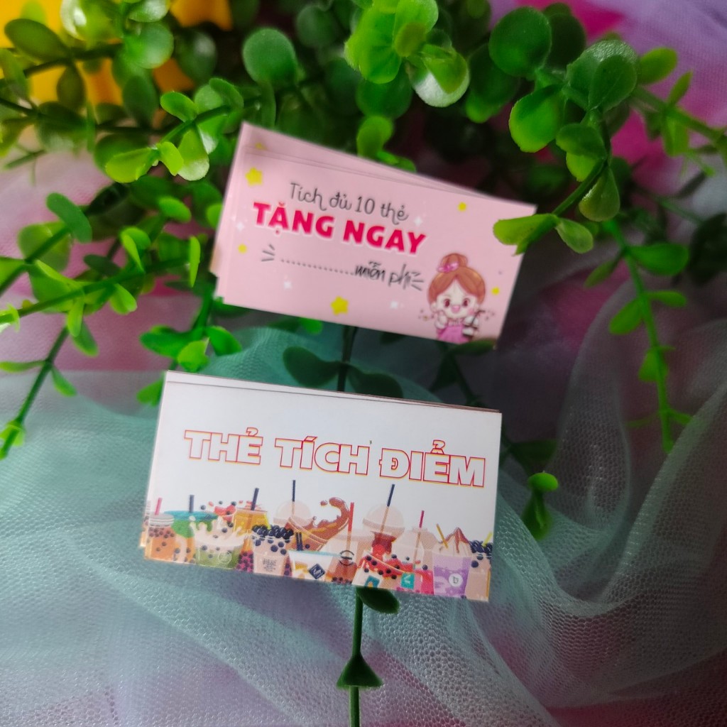 100 thẻ tích điểm mini kt 2x5,4cm, tích được 10 thẻ tặng 1 ly miễn phí