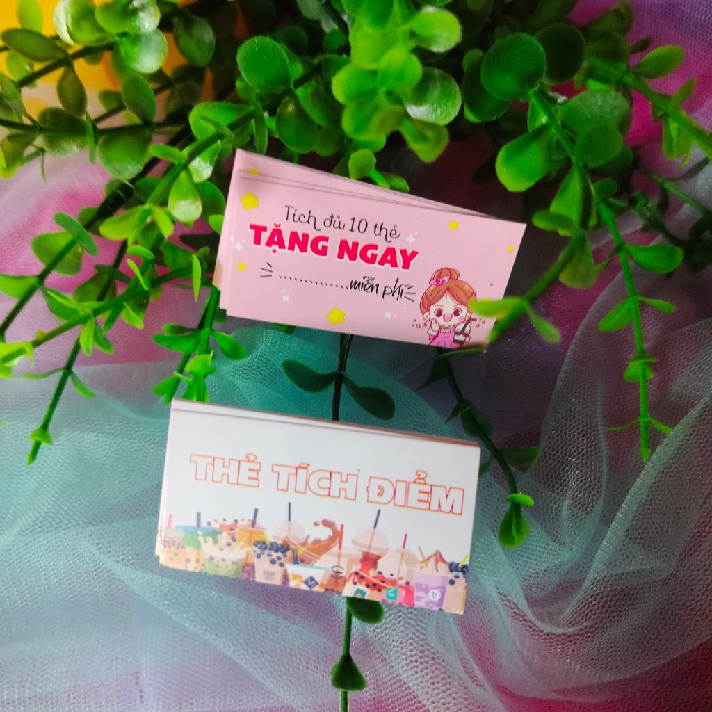 100 thẻ tích điểm mini kt 2x5,4cm, tích được 10 thẻ tặng 1 ly miễn phí