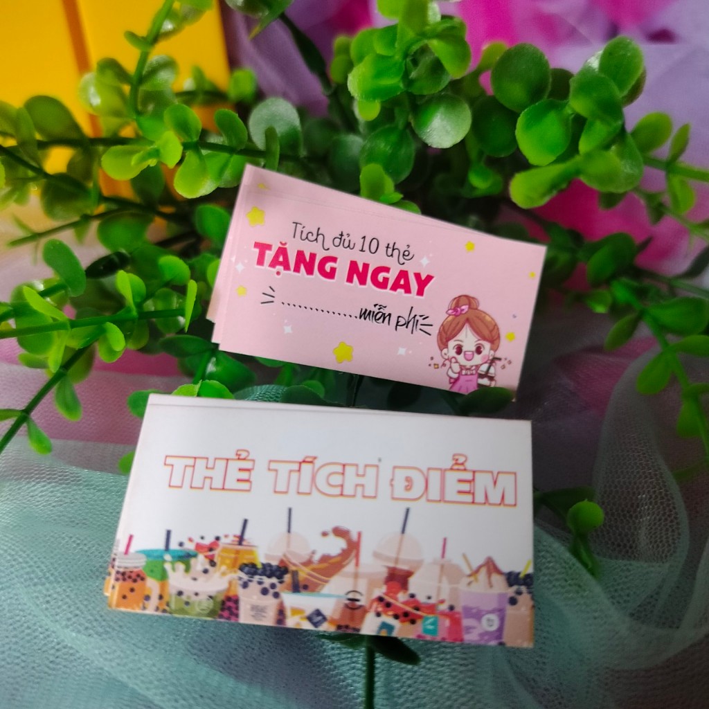 100 thẻ tích điểm mini kt 2x5,4cm, tích được 10 thẻ tặng 1 ly miễn phí