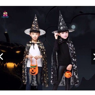 Đồ chơi hoá trang halloween- áo choàng và nón phù thuỷ màu đen ma mị kỳ bí