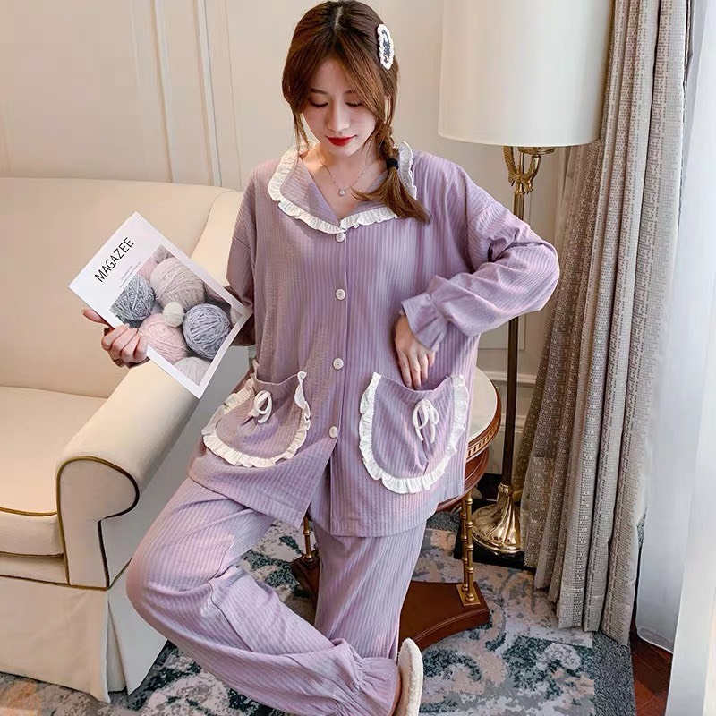 Pijama dài tay viền bèo nơ đính túi kèm quần dài