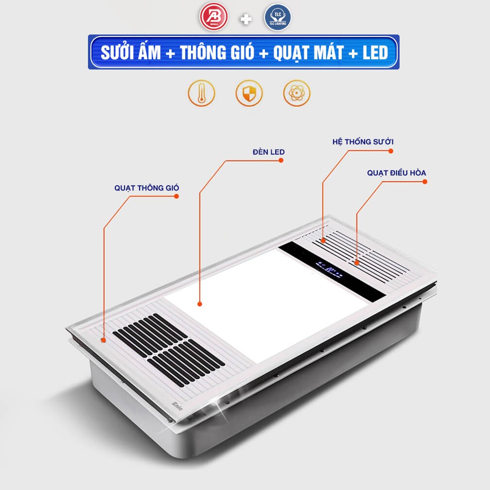 Quạt Sưởi, Đèn Sưởi Nhà Tắm, Quạt Sưởi Âm Trần TLC Tích Đèn Led - Làm Ấm Nhanh, Thiết Kế Hiện Đại, Điều Khiển Tự Động