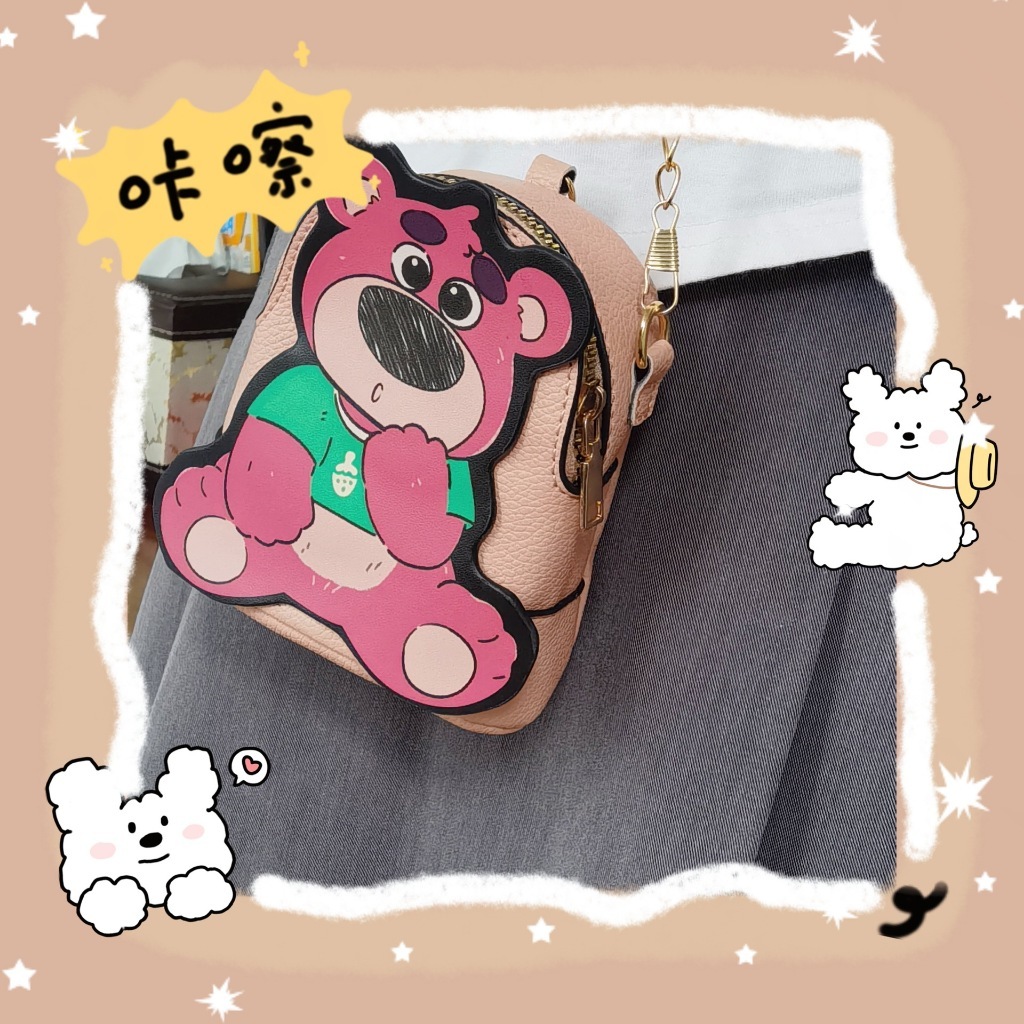 Túi Đeo Chéo Mini dễ thương Hình Gấu Dâu Bằng Da, Đựng Ví Son mỹ Phẩm Hàng Đẹp.