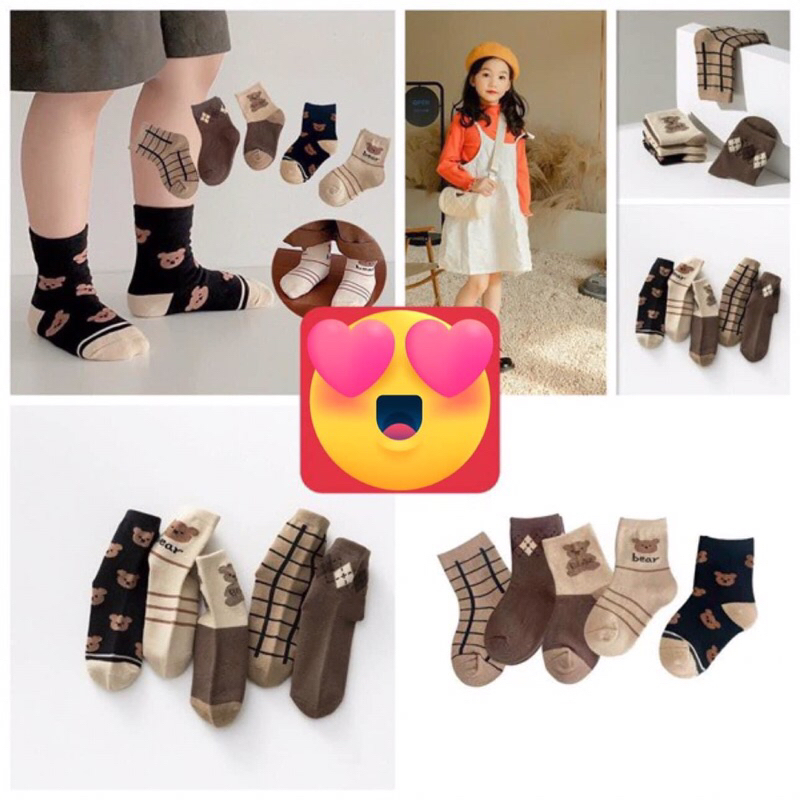 Tất gấu bear tone nâu cho bé 5-12Y sét 10 đôi